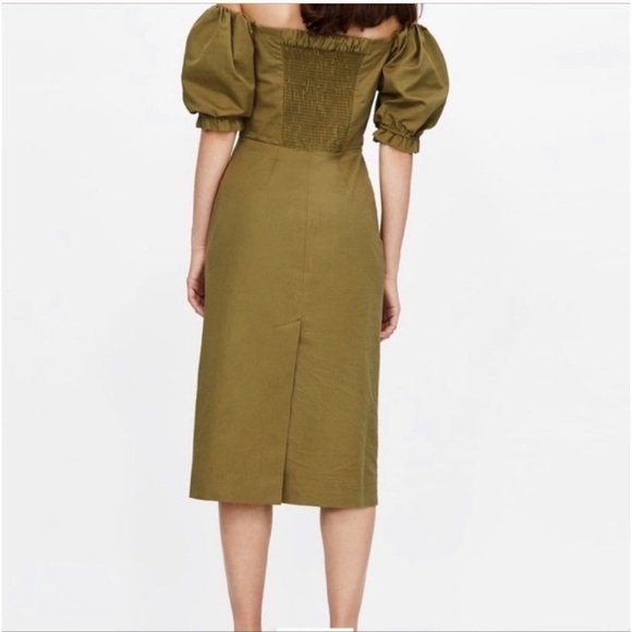 Zara Olive Green Twill Off Shoulder Midi Dress Size M - Picture 3 of 10